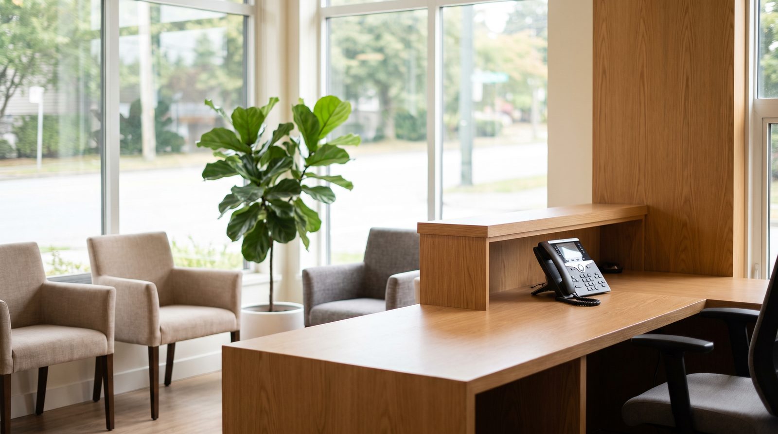 A modern physiotherapy clinic reception desk with a phone